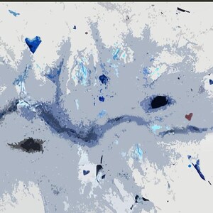 May include: Abstract art print featuring a blend of cool tones. The artwork showcases a mix of light gray, blue, and white hues, with scattered dark blue and black shapes. The design includes heart-shaped and irregular forms, creating a textured, artistic effect.