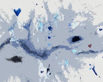 Könnte beinhalten: Abstrakter Kunstdruck in kühlen Tönen. Das Kunstwerk zeigt eine Mischung aus hellgrauen, blauen und weißen Farbtönen mit verstreuten dunkelblauen und schwarzen Formen. Das Design umfasst herzförmige und unregelmäßige Formen, die einen strukturierten, künstlerischen Effekt erzeugen.