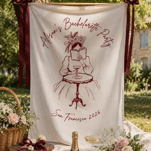 Garden-party anglaise victorienne, bannière EVJF pour amoureux des livres, décoration de mariée personnalisée, toile de fond Bach lecture fille, enseigne vin et livres