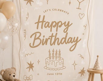 Boho ivory Custom Birthday Banner, rustic  Personalised Girl Birthday Name Flag, Birthday Backdrop, Birthday Tapestry, Fabric Sign