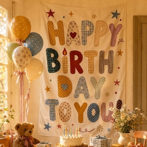 Könnte beinhalten: Ein Wandbehang aus Stoff mit dem Text HAPPY BIRTHDAY TO YOU in bunten, gemusterten Buchstaben, begleitet von einem Geburtstagskuchen mit Kerzen, einem Teddybären, verpackten Geschenken und Luftballons auf einer karierten Tischdecke.