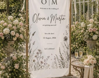 Aangepaste bruiloft welkomstbord, boho stof bruiloft banner, feesttapijt, gepersonaliseerde namen en datum achtergrond, rustiek decor buitenceremonie