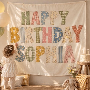 Puede incluir: Un gran tapiz de tela color hueso con el texto HAPPY BIRTHDAY SOPHIA en letras de tela grandes y estampadas. Las letras muestran varios diseños florales, de cuadros vichy y de rayas en tonos verdes, rosas, azules y amarillos.