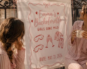 Trendy pyjamafeest, gepersonaliseerd vrijgezellenfeest wandtapijt, gepersonaliseerde weekendbanner, achtergrondfoto vrijgezellenfeest, gunsten pyjamafeest