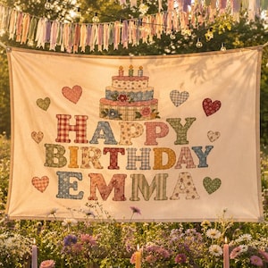 以下が含まれることがあります： 3段のバースデーケーキ、ハート、そして「HAPPY BIRTHDAY EMMA」という文字が、カラフルなパッチワーク風のイラストで描かれた、オフホワイトの長方形の布製バナー。文字は大きく、柄入りのマルチカラーのブロック体で表現されている。