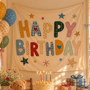 Peut inclure: Une scène d'anniversaire avec une tenture murale portant le texte HAPPY BIRTHDAY en lettres colorées à motifs, un gâteau avec des bougies allumées, un ours en peluche, des cadeaux emballés, des ballons et une table à carreaux bleus et blancs.