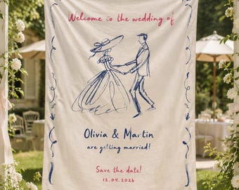Leuk dansend pasgetrouwd stel aangepaste bruiloft welkomstbord, boho banner, feesttapijt, gepersonaliseerde achtergrond, rustiek decor buitenceremonie