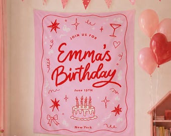 Roze aangepaste verjaardagsbanner, gepersonaliseerde naam meisje verjaardag vlag, verjaardag achtergrond, stoffen bord, verjaardag wandtapijt, jongen verjaardag muurkunst