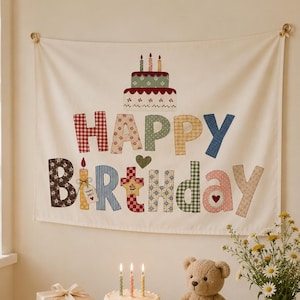 Boho personlig födelsedagsbanderoll, anpassad tygfödelsedagsbanderoll, lapptäcksfestbakgrund, första födelsedagsdekor, babyshower