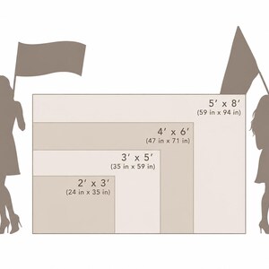 Może przedstawiać: Tabela por&oacute;wnawcza rozmiar&oacute;w z czterema prostokątnymi kształtami oznaczonymi 2' x 3' (24 in x 35 in), 3' x 5' (35 in x 59 in), 4' x 6' (47 in x 71 in) oraz 5' x 8' (59 in x 94 in), otoczonymi dwiema sylwetkami.