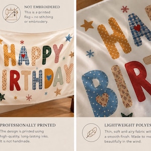 Może przedstawiać: Biała flaga poliestrowa z nadrukowanym napisem HAPPY BIRTHDAY wielokolorowymi, wzorzystymi literami. Projekt zawiera małe akcenty w kształcie gwiazdek i gwiazdek. Tekst na obrazie głosi: NOT EMBROIDERED, PROFESSIONALLY PRINTED oraz LIGHTWEIGHT POLYESTER.
