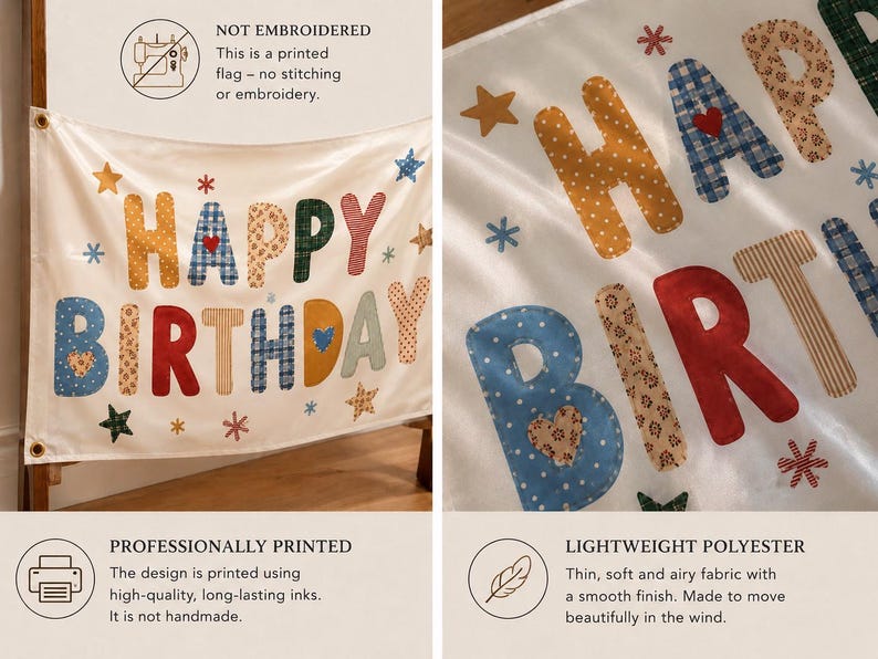 Może przedstawiać: Biała flaga poliestrowa z nadrukowanym napisem HAPPY BIRTHDAY wielokolorowymi, wzorzystymi literami. Projekt zawiera małe akcenty w kształcie gwiazdek i gwiazdek. Tekst na obrazie głosi: NOT EMBROIDERED, PROFESSIONALLY PRINTED oraz LIGHTWEIGHT POLYESTER.