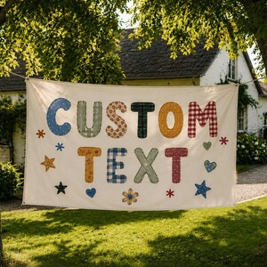 Personalized Patchwork Fabric Banner, Custom Name Birthday Banner, Wedding Sign, Baby Shower, Boho Nursery Decor, Ivory Rustic Fabric sign