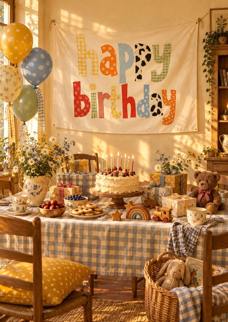 Może przedstawiać: Biały materiałowy baner z napisem happy birthday z kolorowych wzorzystych liter wisi nad stołem z tortem, prezentami, pluszowym misiem i balonami. St&oacute;ł przykryty jest niebiesko-białym obrusem w kratę i ozdobiony kwiatowymi dekoracjami.
