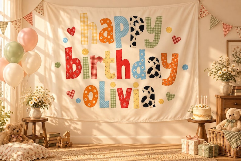 Może przedstawiać: Białe tło z tkaniny z kolorowym napisem "happy birthday Olivia" w r&oacute;żne wzory, w tym kratkę vichy, kwiaty i krowie łaty. Litery ozdobione są małymi sercami i k&oacute;łkami, a baner jest zawieszony na girlandzie z tr&oacute;jkątnych chorągiewek.
