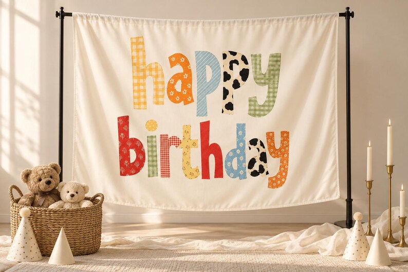 Może przedstawiać: Kremowe tło z tkaniny z napisem "happy birthday" wykonanym z dużych, wielokolorowych liter o r&oacute;żnych wzorach. Litery prezentują rozmaite nadruki, w tym kratkę vichy, motywy kwiatowe oraz łaty krowie w odcieniach czerwieni, pomarańczu, błękitu i zieleni.