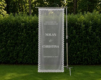 Personalized Lace Wedding Welcome Sign, Sheer Ceremony Reception Banner, Boho Bridal Shower Sign, Custom Tulle Engagement Signage