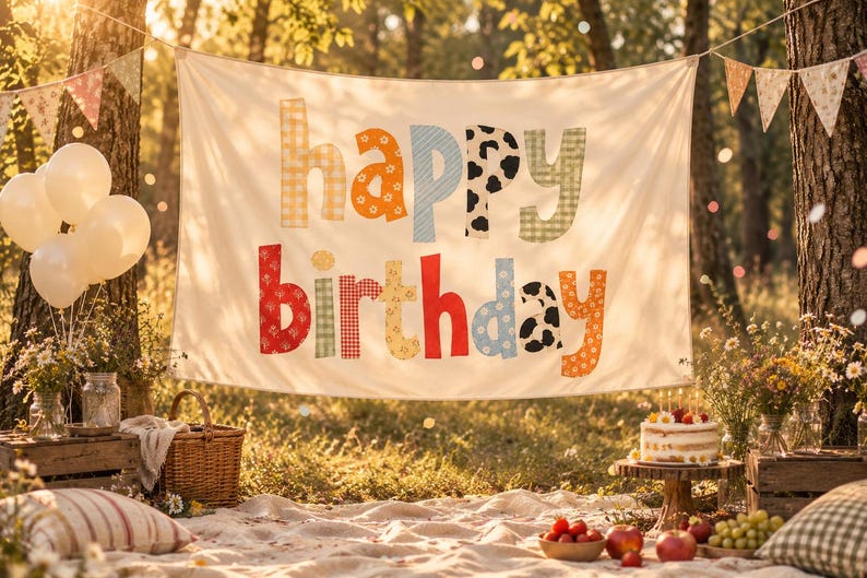 Może przedstawiać: Prostokątny baner z tkaniny z napisem "happy birthday" wykonanym z dużych, wielokolorowych liter z wzorami. Litery zawierają r&oacute;żne motywy, takie jak kratka vichy, kwiaty i łaty krowie w odcieniach ż&oacute;łtego, pomarańczowego, niebieskiego, czerwonego i czarnego.