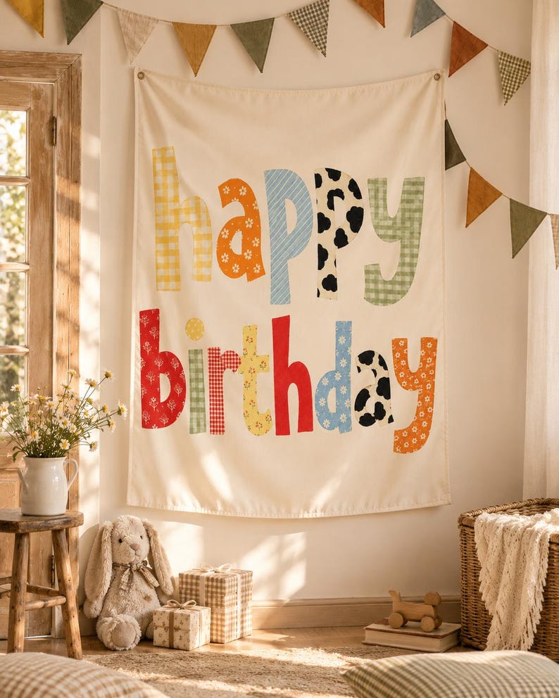 Może przedstawiać: Kremowa tkanina ścienna z napisem "happy birthday" wykonanym z dużych, wielokolorowych liter o r&oacute;żnych wzorach. Każda litera ma unikalny nadruk, w tym kratkę vichy, kwiaty, łaty krowie oraz paski w odcieniach czerwieni, pomarańczu, ż&oacute;łci, błękitu i zieleni.