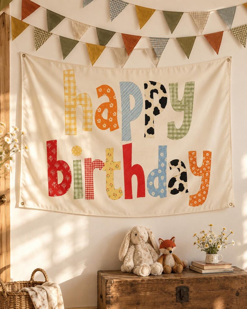 Może przedstawiać: Kremowy baner z tkaniny z napisem "happy birthday" wykonanym z dużych, wielokolorowych i wzorzystych liter. Litery zawierają r&oacute;żne nadruki, takie jak kratka vichy, kwiaty i krowie łaty. Powyżej zawieszona jest girlanda z tr&oacute;jkątnych proporczyk&oacute;w.