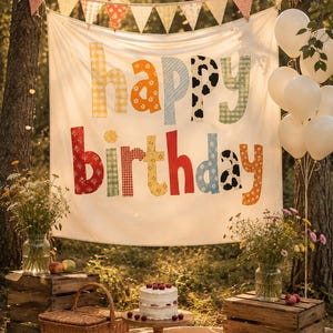 Może przedstawiać: Biały baner z tkaniny z napisem "happy birthday" wykonanym z wielokolorowych, wzorzystych liter, zawieszony pod sznurem tr&oacute;jkątnych proporczyk&oacute;w. Zestaw zawiera biały tort na drewnianej podstawce, wiklinowy kosz oraz szklane wazony z kwiatami.