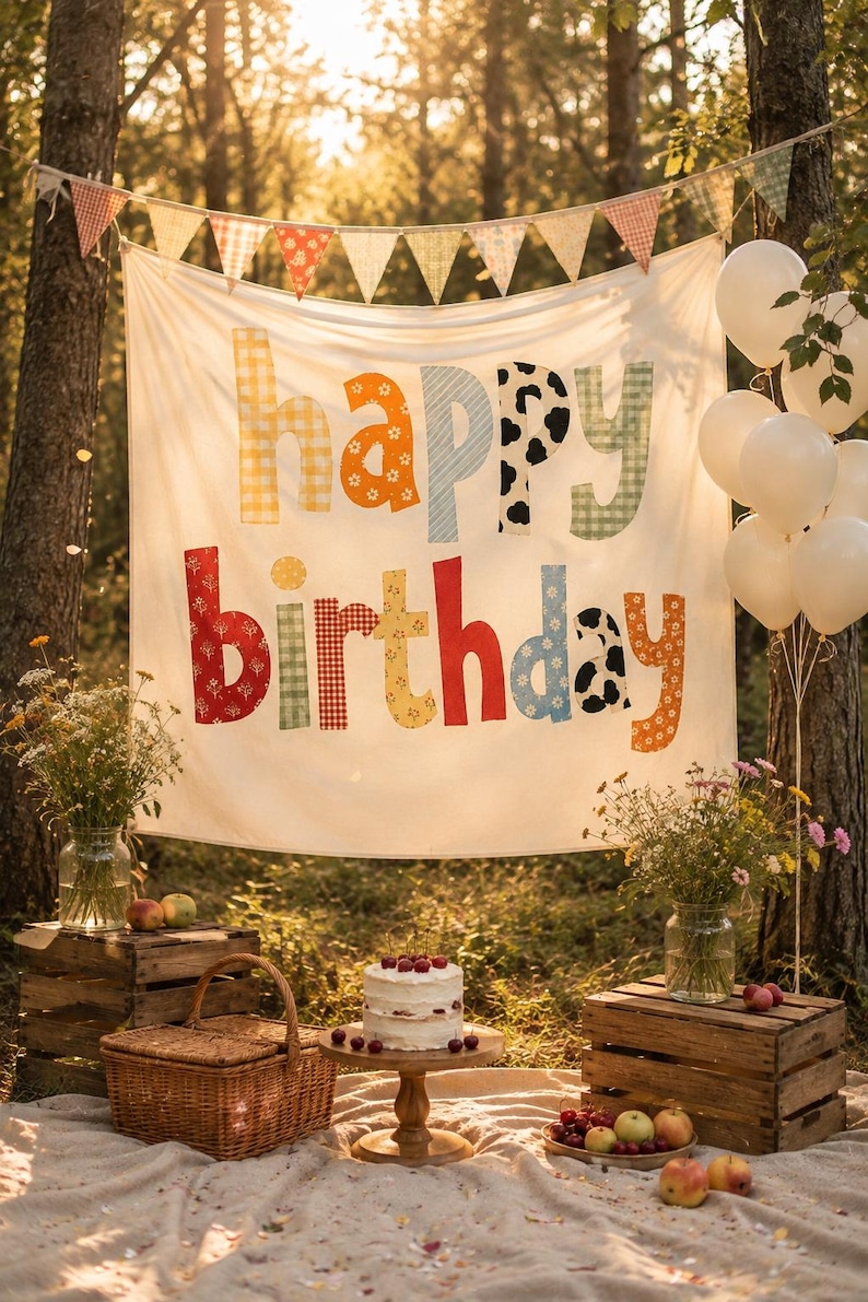 Może przedstawiać: Biały baner z tkaniny z napisem "happy birthday" wykonanym z wielokolorowych, wzorzystych liter, zawieszony pod sznurem tr&oacute;jkątnych proporczyk&oacute;w. Zestaw zawiera biały tort na drewnianej podstawce, wiklinowy kosz oraz szklane wazony z kwiatami.