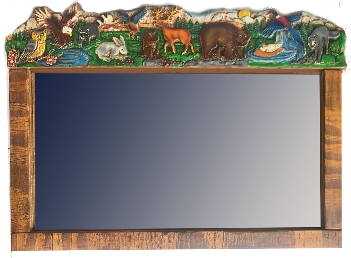 Rustic Cabin Wildlife Carved Wall Mirror Etsy
