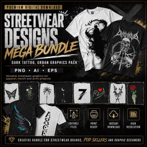 Pode incluir: Um pacote de download digital de designs de streetwear. A imagem apresenta vários designs de camisetas com gráficos de tatuagem sombrios e urbanos. O texto inclui "Streetwear Designs Mega Bundle" e "Dark Tattoo, Urban Graphics Pack". O pacote inclui arquivos PNG, AI e EPS.