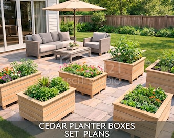 May include: Five rectangular cedar planter boxes arranged on a stone patio, each filled with various green plants and colourful flowers. The text CEDAR PLANTER BOXES SET PLANS ARCHI42STUDIO.COM is overlaid at the bottom of the image.