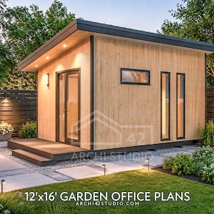 May include: A modern garden office structure featuring vertical light wood siding, a flat roof with recessed lighting, a dark-framed glass door, and narrow vertical windows. The text 12'x16' GARDEN OFFICE PLANS ARCHI42STUDIO.COM is visible.