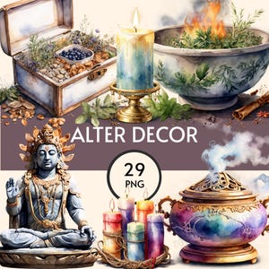 May include: Watercolor illustration of altar decor elements. Includes a statue of a seated figure, a lit candle, a decorative box, a bowl with burning herbs, a set of colorful candles, and an incense burner. The text "ALTER DECOR" and "29 PNG" are also present.