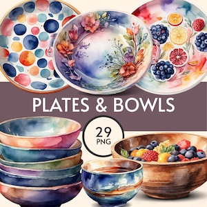 May include: A collection of decorative plates and bowls with watercolour designs. The plates feature colourful patterns and fruit illustrations. The bowls are stacked and arranged, showcasing a variety of colours and textures. The text "PLATES & BOWLS" is displayed.