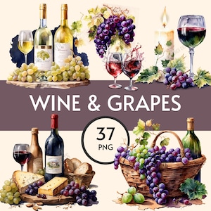 May include: Watercolor illustration featuring wine bottles, glasses, grapes, and cheese. The image includes the text "WINE & GRAPES" and "37 PNG". The wine bottles are labeled with gold accents. The grapes are purple and green.