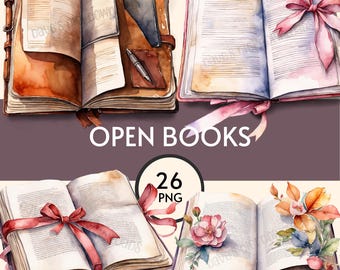 Peut inclure: Illustrations à l'aquarelle de livres ouverts avec divers designs. Un livre a une couverture en cuir avec un stylo et un bloc-notes. D'autres livres ont des rubans roses et des accents floraux. Le texte "OPEN BOOKS" est affiché.