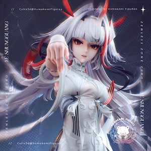 May include: A 3D anime-style figure of Ye Shungguang from Zenless Zone Zero, featuring long white hair with red accents, red eyes, and a white outfit with intricate patterns. The figure is posed with one arm extended forward, holding a white ribbon.