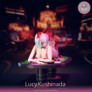 May include: A figurine of a character with short, multi-colored hair wearing red bunny ears and a red outfit, lying on a green poker table. The table features scattered red and blue poker chips and cards. The text Lucy Kushinada is visible below.