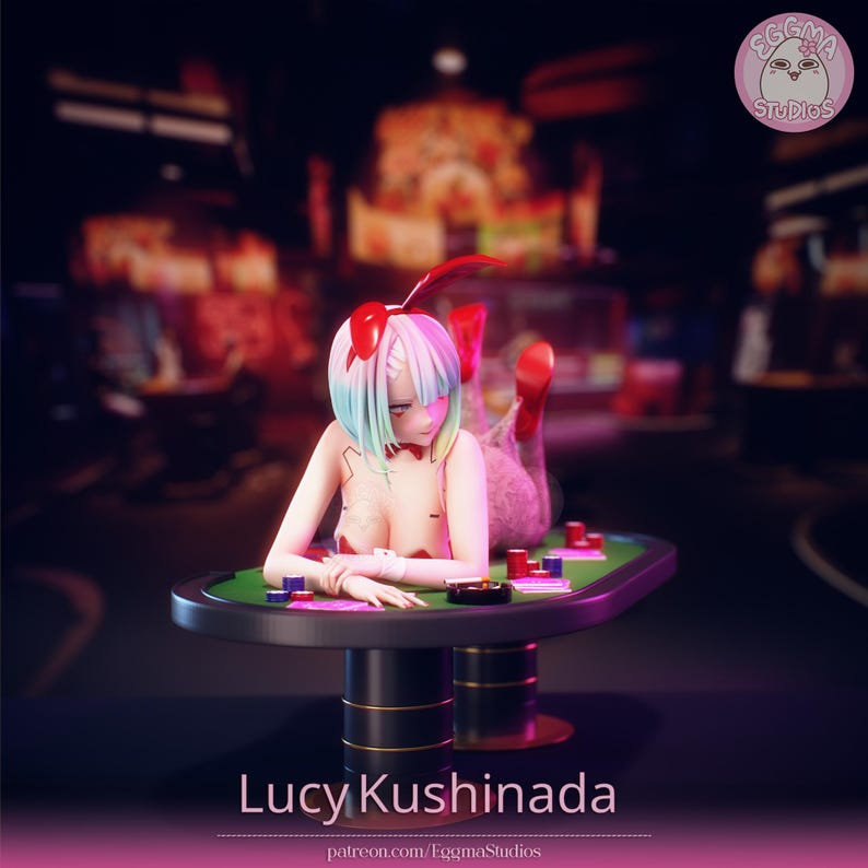 May include: A figurine of a character with short, multi-colored hair wearing red bunny ears and a red outfit, lying on a green poker table. The table features scattered red and blue poker chips and cards. The text Lucy Kushinada is visible below.