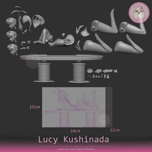 May include: A gray 3D printed model kit of Lucy Kushinada featuring multiple interchangeable heads, hair pieces, limbs, a table with two cylindrical bases, and small accessories. The assembled figure measures 15cm in height, 24cm in width, and 12cm in depth.