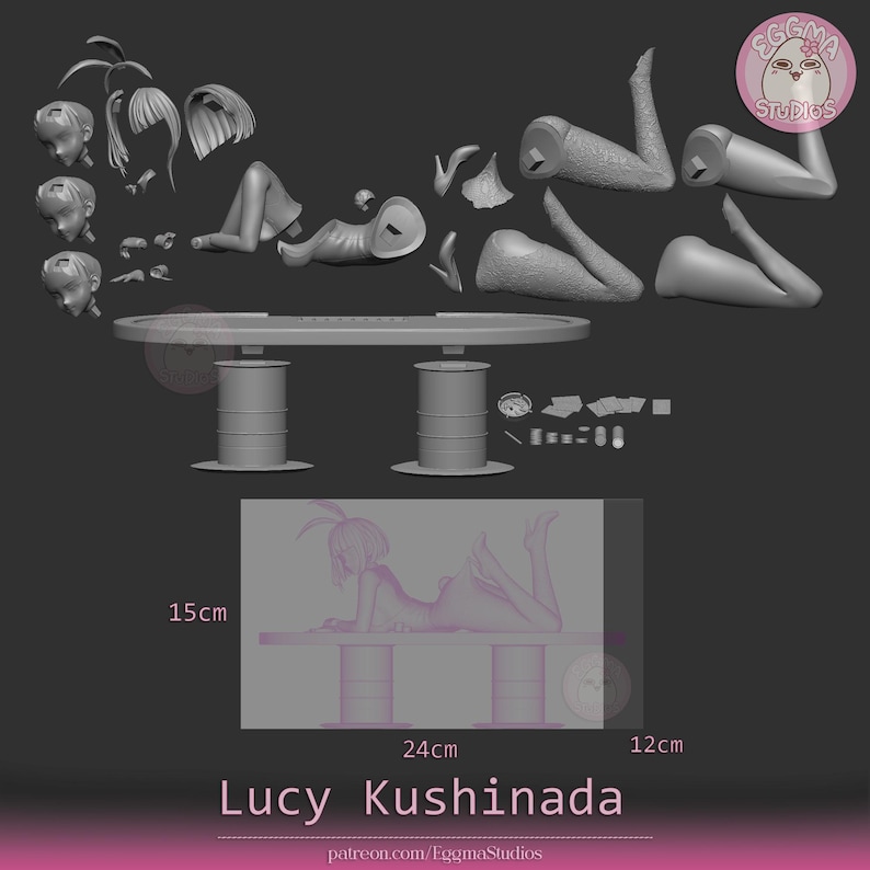 May include: A gray 3D printed model kit of Lucy Kushinada featuring multiple interchangeable heads, hair pieces, limbs, a table with two cylindrical bases, and small accessories. The assembled figure measures 15cm in height, 24cm in width, and 12cm in depth.
