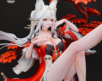 May include: A detailed anime-style figurine featuring a character with long white hair, fox-like ears, and amber eyes. The figure wears a red, white, and black outfit with gold accents, posed against a backdrop of a stylized red maple tree.