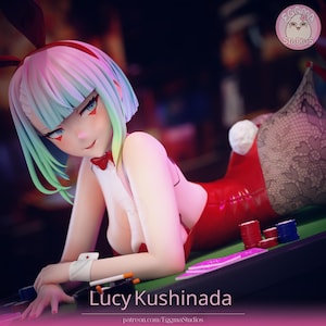 May include: A collectible figurine of Lucy Kushinada featuring pastel rainbow hair, red bunny ears, and a red bodysuit with white trim. The character wears black lace stockings and a white tail, resting on a green surface with poker chips and cards.