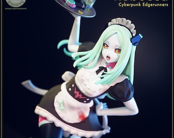 May include: A Rebecca Cyberpunk Edgerunners figurine featuring a character with mint green hair, pale skin, and cybernetic eyes, wearing a black and white maid outfit with a pink emblem. The figure holds a silver tray with two pistols and a glass.