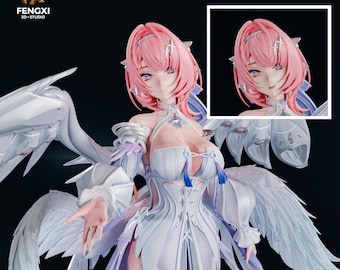 Peut inclure: Une figurine de style anime détaillée représentant un personnage aux cheveux roses et aux yeux violets, vêtu d'une tenue blanche et violet clair avec des détails superposés complexes. La figurine possède de grandes ailes blanches en plumes.