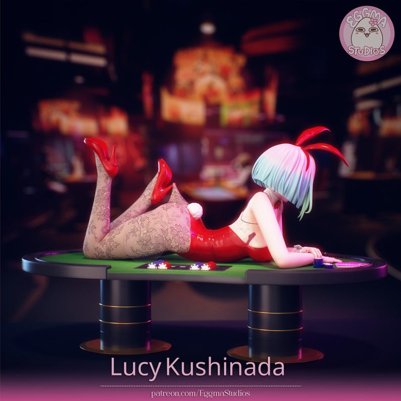 May include: A figurine of a character with short light blue hair and red bunny ears, wearing a red bodysuit, white tail, and patterned tights with red high heels, lying on a green poker table with poker chips and the text Lucy Kushinada.