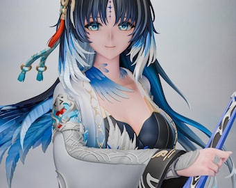 May include: A detailed anime-style figurine featuring a character with long black hair with blue highlights, bright blue eyes, and a white and blue feathered outfit. The figure includes intricate silver patterns on the sleeves and holds a blue bow.