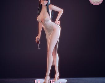 May include: A figurine of a woman in a white dress, holding a glass of red wine. The figure has dark hair and is wearing high heels. The base of the figurine has the text "Yor Briar" and the artist's website.