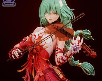 May include: A detailed anime-style figurine of a character with long mint-green hair and an eye patch, wearing a red and white outfit. The character holds a brown wooden violin and bow. A logo in the top left reads Sylviana Sculpt.