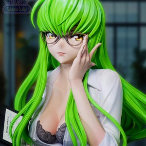 May include: A collectible anime-style figurine featuring a character with long, vibrant green hair, wearing dark-rimmed glasses, a white button-down shirt, and a black lace bra. The figure holds a document folder and displays a serious expression.