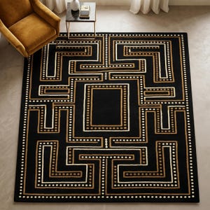 Natural Black Geometric Wool Rug, Hand Tufted Modern Maze Area Rug