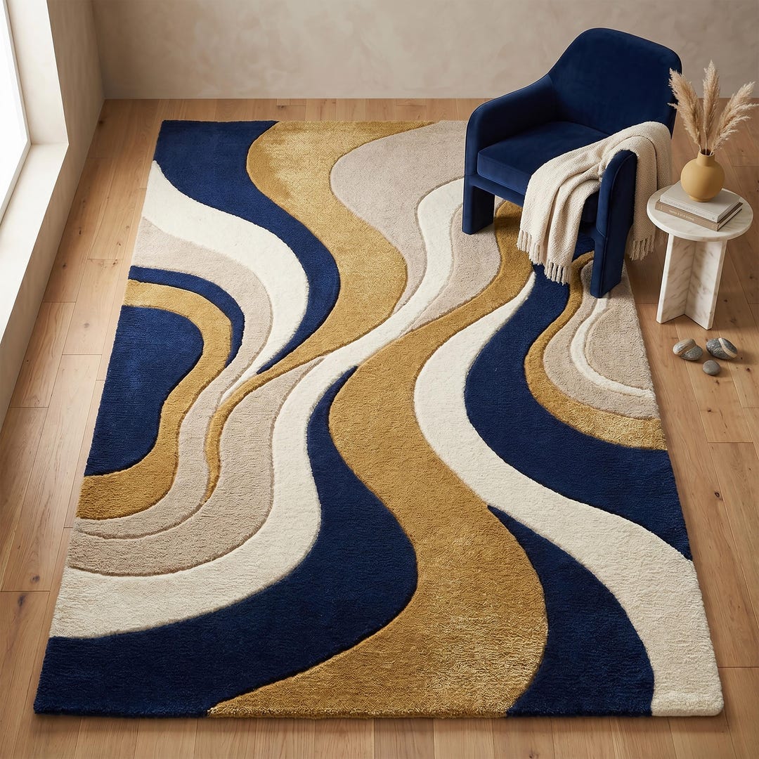 Hand Tufted Area Rug 8x10 | Navy Blue Gold Cream Abstract Wave Rug ...